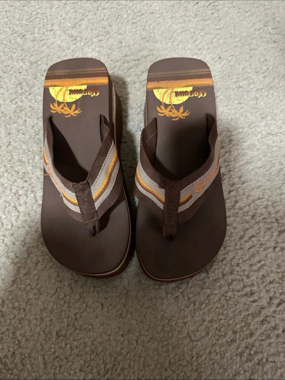 Corona Thong Wedge Brown Flip Flops with Yellow and Orange Sunset Palm Design